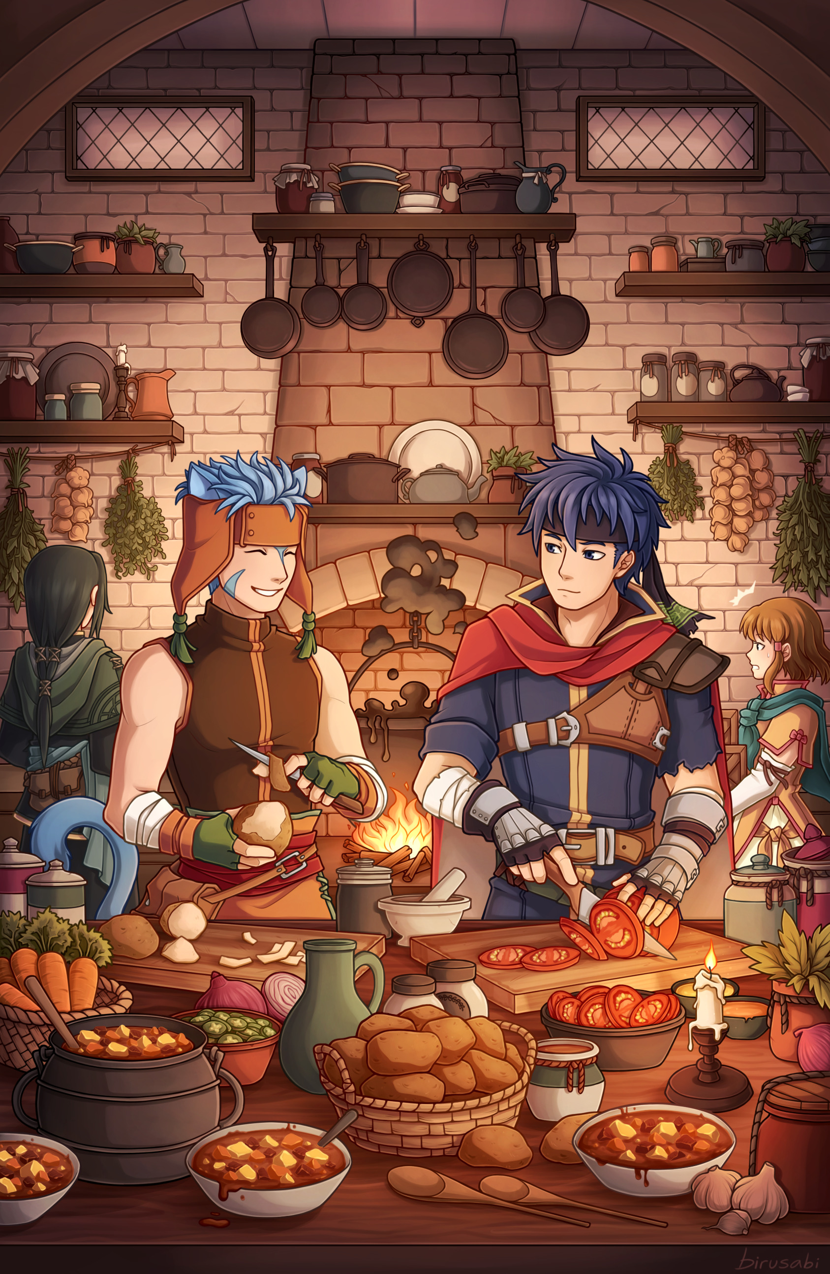 birusabi, ike (fire emblem), mist (fire emblem), ranulf (fire emblem), soren (fire emblem), fire emblem, fire emblem: path of radiance, nintendo, absurdres, commentary, english commentary, highres, 1girl, 3boys, animal ears, black hair, blue eyes, blue hair, brown hair, cape, carrot, cat boy, cat ears, cutting board, food, headband, headdress, holding, holding food, holding knife, holding vegetable, indoors, kitchen, knife, long hair, male focus, multiple boys, onion, peeling, potato, short hair, smile, spoon, tail, tomato, tomato slice, vegetable, wooden spoon