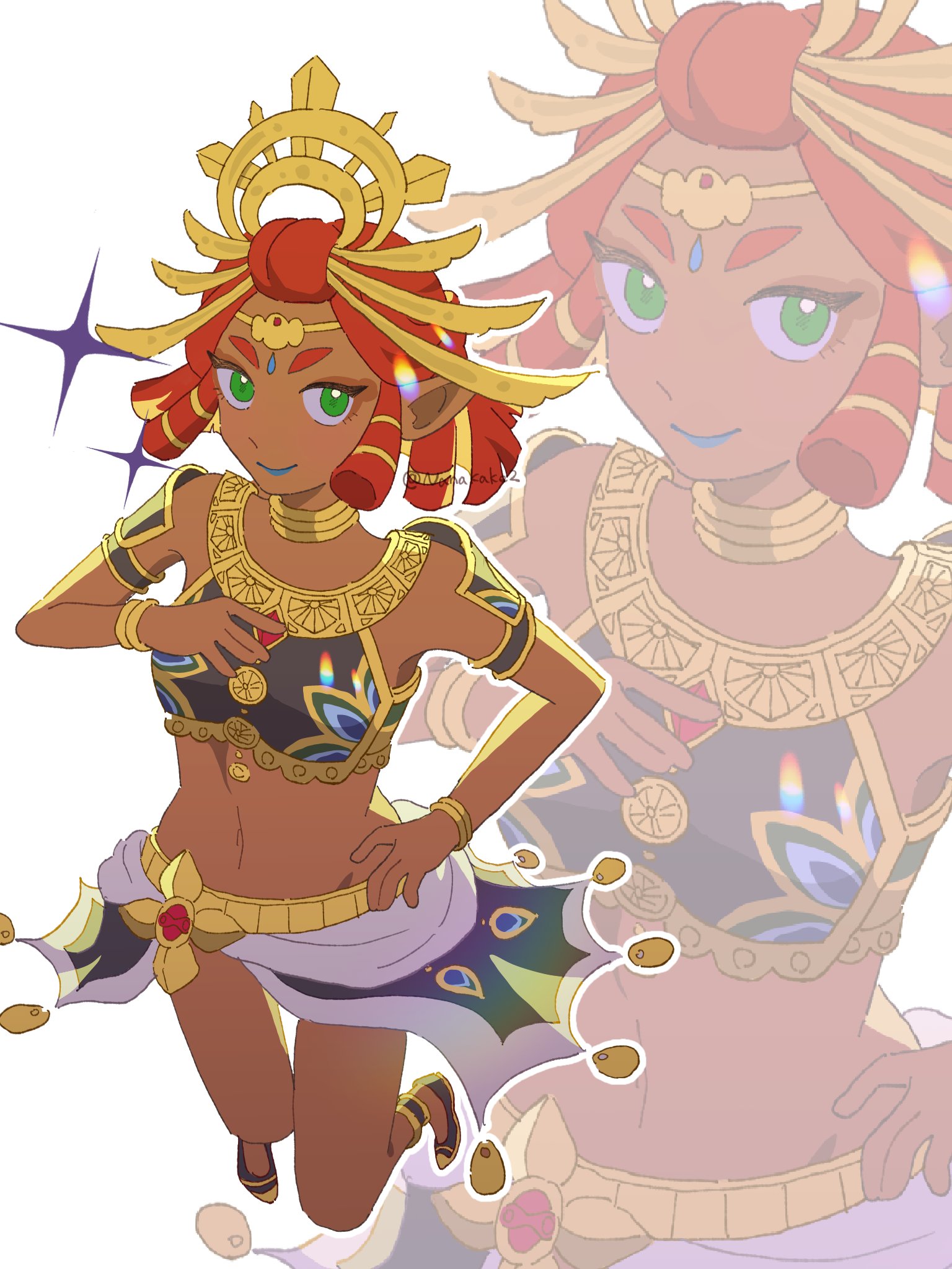 nameko (nanakake2), riju, nintendo, the legend of zelda, the legend of zelda: tears of the kingdom, highres, 1girl, blue lips, bracelet, breasts, circlet, closed mouth, crop top, dark-skinned female, dark skin, gerudo, green eyes, jewelry, lipstick, looking at viewer, makeup, midriff, navel, neck ring, pointy ears, red hair, short hair, skirt, smile, solo, thick eyebrows, zoom layer