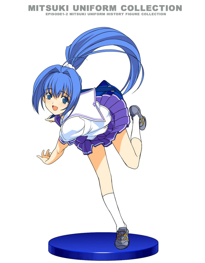 a1 (initial-g), hayase mitsuki, kimi ga nozomu eien, 00s, 1girl, bent over, blue eyes, blue hair, female focus, figure, figure stage, full body, long hair, matching hair/eyes, open mouth, pleated skirt, ponytail, school uniform, serafuku, shoes, skirt, sneakers, socks, solo, white background