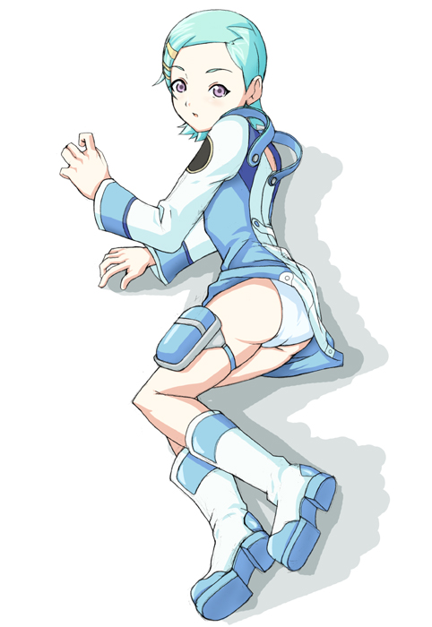 date (senpen), eureka (eureka seven), eureka seven, eureka seven (series), 00s, 1girl, aqua hair, ass, blue hair, boots, female focus, full body, long sleeves, looking at viewer, lying, on side, panties, purple eyes, shadow, short hair, simple background, solo, thigh strap, underwear, white background, white boots, white panties