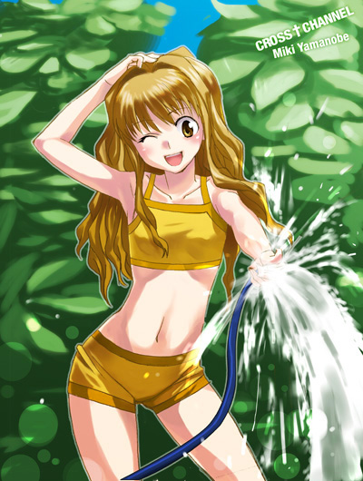inue shinsuke, yamanobe miki, cross channel, 1girl, armpits, blonde hair, blush, camisole, crop top, crosschannel, female focus, flat chest, hose, long hair, midriff, one eye closed, outdoors, short shorts, shorts, solo, water, wink, yellow eyes