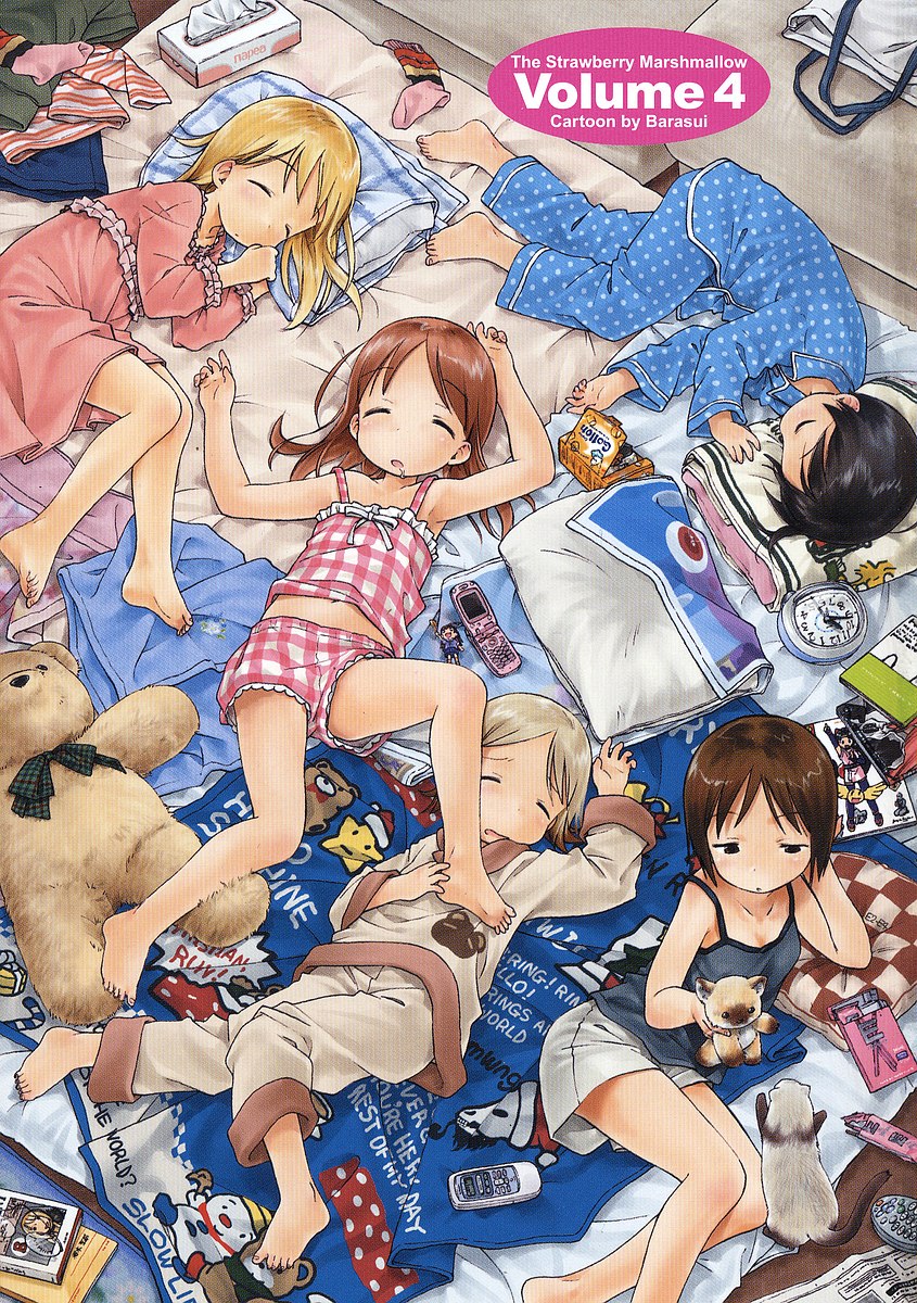 barasui, ana coppola, itou chika, itou nobue, john, matsuoka miu, sakuragi matsuri, ichigo mashimaro, highres, official art, 5girls, animal, barefoot, child, feet, ferret, indoors, multiple girls, pajamas, saliva, siblings, sisters, sleeping, sleepover, slice of life, toes