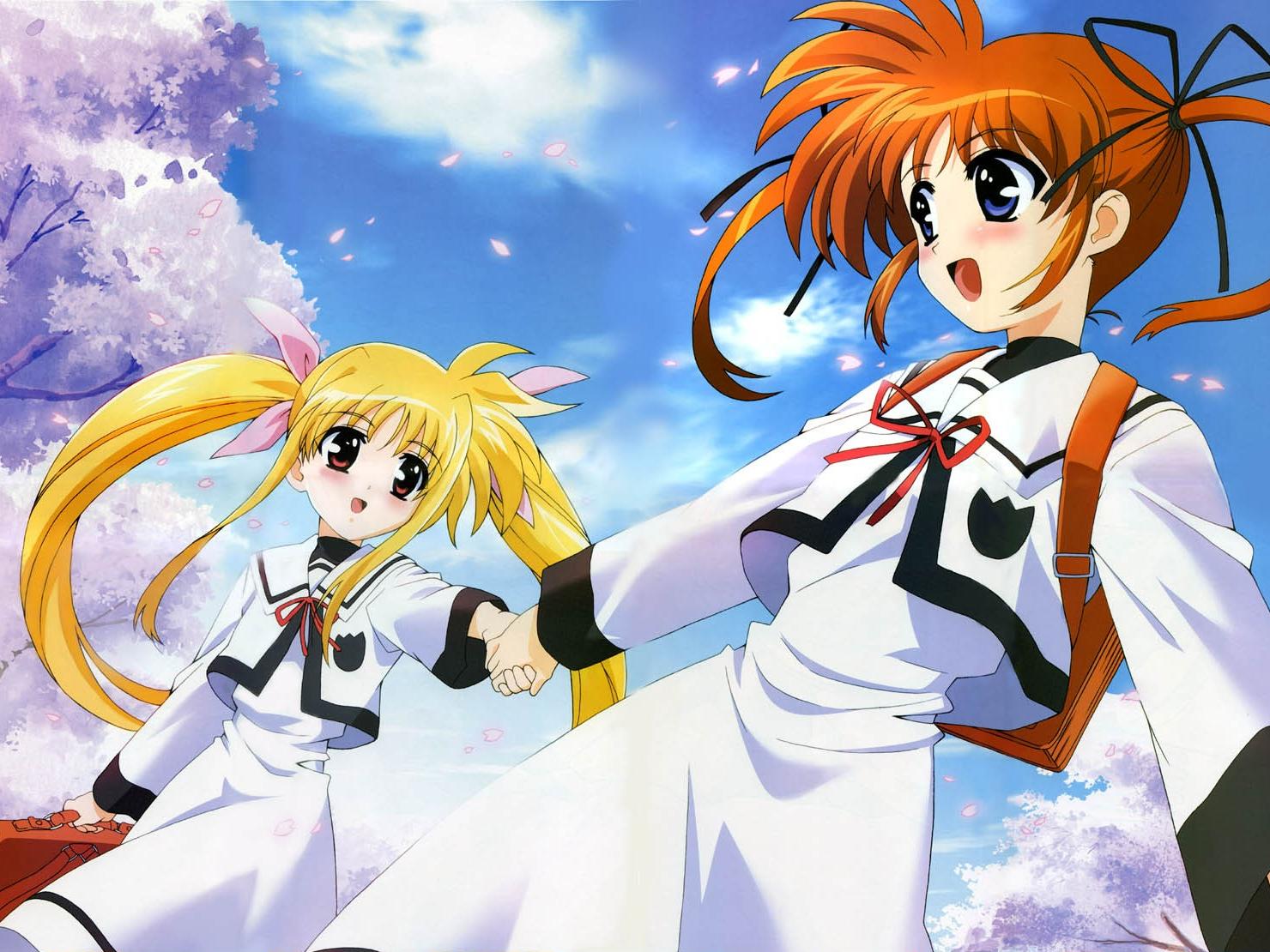 okuda yasuhiro, fate testarossa, takamachi nanoha, lyrical nanoha, mahou shoujo lyrical nanoha, mahou shoujo lyrical nanoha a's, 00s, 2girls, :d, arm at side, backpack, bag, black ribbon, blonde hair, blue eyes, blush, breasts, briefcase, brown eyes, brown hair, buckle, cherry blossoms, cloud, cowboy shot, crop top, day, dress, eye contact, foreshortening, hair ribbon, happy, holding, holding bag, holding hands, long hair, long sleeves, looking at another, multiple girls, open mouth, orange hair, outdoors, outstretched arm, outstretched arms, petals, pink ribbon, purple eyes, randoseru, red eyes, red ribbon, ribbon, school bag, school briefcase, school uniform, seishou elementary school uniform, serafuku, shirt, sidelocks, sky, small breasts, smile, spread arms, standing, tree, turtleneck, twintails, very long hair, white dress, white shirt
