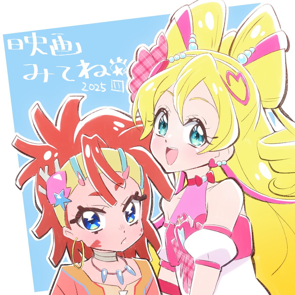 itaoka1, cure idol, sakura uta (precure), kimi to idol precure, precure, commentary request, highres, 2girls, blonde hair, blue eyes, closed mouth, colored eyelashes, colored skin, detached sleeves, earrings, hair ornament, headband, heart, heart hair ornament, jewelry, long hair, looking at viewer, multiple girls, open mouth, puffy sleeves, red hair, red skin, ribbon, shell, short hair, simple background, smile, teeth, tentacle hair, tera (precure), thick eyebrows, upper teeth only