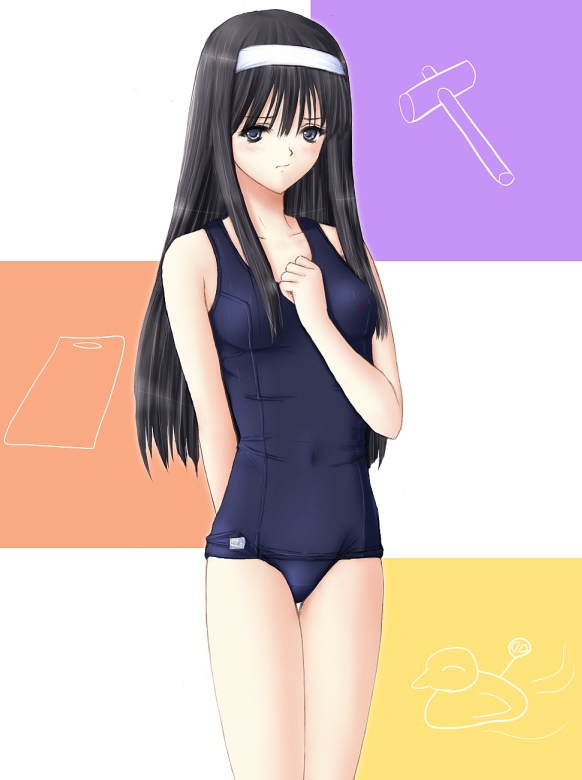 tohno akiha, tsukihime, 00s, 1girl, black eyes, black hair, female focus, hairband, hand on own chest, long hair, one-piece swimsuit, school swimsuit, solo, swimsuit, white hairband