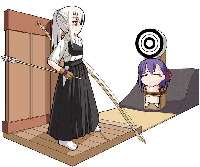 kaze shibuki, illyasviel von einzbern, matou sakura, fate/stay night, fate (series), arrow, silver hair, archery, bow (weapon), chibi, faux figurine, figure stage, kyuudou, purple hair, red eyes, single glove, target, weapon, yugake