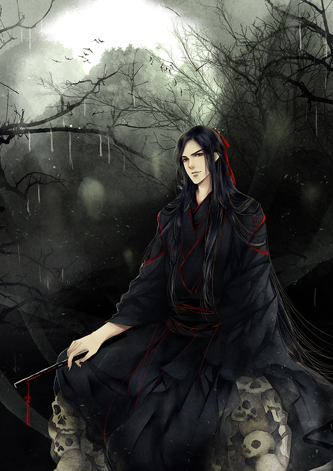 wei wuxian, wei wuxian (yiling laozu), modao zushi, chinese commentary, 1boy, bare tree, bird, black eyes, black hair, black hanfu, chinese clothes, closed mouth, dizi, faux traditional media, flute, flute tassel, folded fan, folding fan, hair down, hair ribbon, half updo, hand fan, hanfu, holding, holding fan, holding flute, holding instrument, instrument, liyueru8908, long hair, long sleeves, looking at viewer, male focus, official alternate hairstyle, rain, red ribbon, ribbon, robe, sash, sidelocks, sitting, skull, smile, solo, tassel, transverse flute, tree, very long hair, wide sleeves