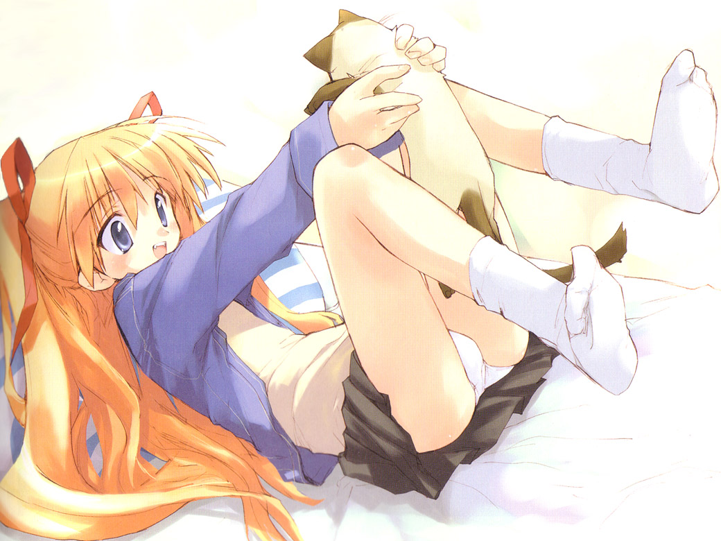 e=mc2 (mosimosi), piro, sawatari makoto, kanon, striped, 1girl, animal, bed, bed sheet, between legs, blonde hair, blue eyes, cat, cat between legs, feet, female focus, hair ribbon, jacket, legs up, long sleeves, lying, miniskirt, on back, open mouth, panties, pantyshot, pillow, red hair, ribbon, shirt, skirt, socks, solo, twintails, underwear, upskirt, white panties