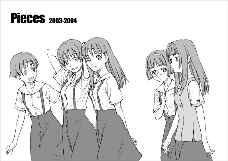 naruko hanaharu, original, 5girls, blunt bangs, border, breasts, buttons, dress shirt, glasses, greyscale, hair ornament, hairband, hairclip, long hair, looking at viewer, looking back, medium breasts, monochrome, multiple girls, school uniform, serafuku, shirt, short hair, simple background, skirt, smile, standing, suspender skirt, suspenders, walking, white background