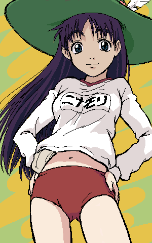 naruko hanaharu, ninamori eri, flcl, lowres, 00s, 1girl, black hair, buruma, female focus, gym uniform, hands on own hips, long hair, long sleeves, looking at viewer, midriff, name tag, navel, red buruma, solo