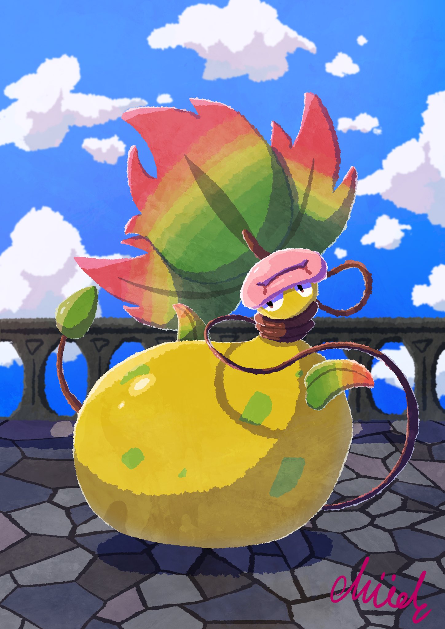 mude0530, mega victreebel, nintendo, pokemon, highres, black eyes, blue sky, cloud, colored skin, day, full body, leaf, mega pokemon, no humans, outdoors, pink lips, plant, plant monster, pokemon (creature), pokemon focus, sky, solo, vines, yellow skin