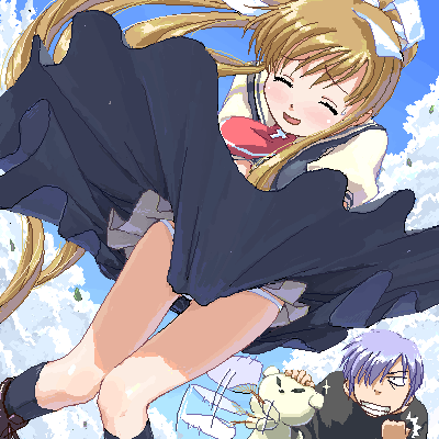 naruko hanaharu, kamio misuzu, kunisaki yukito, potato (air), air (visual novel), red neckwear, lowres, 00s, 1boy, 1girl, blonde hair, blush, cloud, covering crotch, covering privates, day, dog, dutch angle, floating hair, hand fan, knees together feet apart, long hair, necktie, oekaki, panties, pantyshot, paper fan, pervert, ponytail, puffy sleeves, school uniform, sky, smile, sparkle, uchiwa, underwear, very long hair, white panties, wind, wind lift