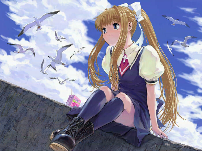 naruko hanaharu, kamio misuzu, air (visual novel), 00s, 1girl, bird, blonde hair, blue eyes, cloud, cross, day, dutch angle, female focus, flock, juice box, kneehighs, latin cross, long hair, outdoors, pleated skirt, ponytail, school uniform, seagull, serafuku, sitting, skirt, sky, smile, socks, solo, very long hair