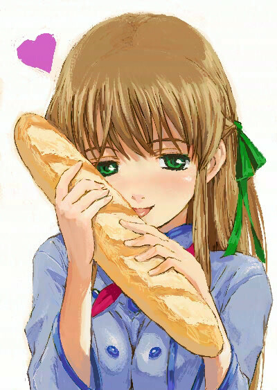 naruko hanaharu, tsukino, azusagawa tsukino, yakitate!! japan, 00s, 1girl, baguette, blush, bread, brown hair, chef, female focus, food, green eyes, hair ribbon, heart, licking, long sleeves, looking at viewer, ribbon, sexually suggestive, simple background, solo, white background
