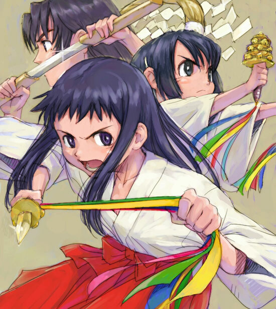 naruko hanaharu, hieda kurako, hieda tama, hieda yuzu, asagiri no miko, 00s, 3girls, bell, black hair, gohei, hakama, hakama skirt, japanese clothes, jingle bell, kagura suzu, long sleeves, miko, multiple girls, oonusa, open mouth, red hakama, sheath, shide, short sword, siblings, sidelocks, sisters, skirt, sword, tantou, unsheathing, weapon