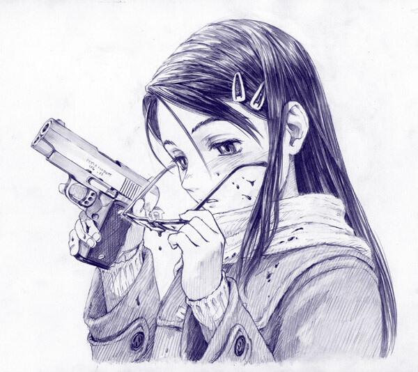 naruko hanaharu, claes, gunslinger girl, traditional media, 00s, 1girl, blood, blood on clothes, blood on eyewear, blood on face, blood splatter, blush, cocked hammer, female focus, glasses, greyscale, gun, hair ornament, hairclip, handgun, holding, holding gun, holding removed eyewear, holding weapon, long hair, long sleeves, m1911, monochrome, pinup (portrait), pistol, portrait, scarf, simple background, sketch, solo, trigger discipline, unworn eyewear, upper body, weapon, white background