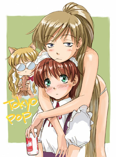 envy, hayase, naruko hanaharu, original, 3girls, alcohol, animal ears, apron, arms around neck, beer, biting, blonde hair, blush, brown hair, cat ears, glasses, green eyes, hug, hug from behind, long hair, looking at viewer, looking up, maid, maid apron, maid headdress, multiple girls, neck ribbon, panties, ponytail, ribbon, short hair, squid, underwear