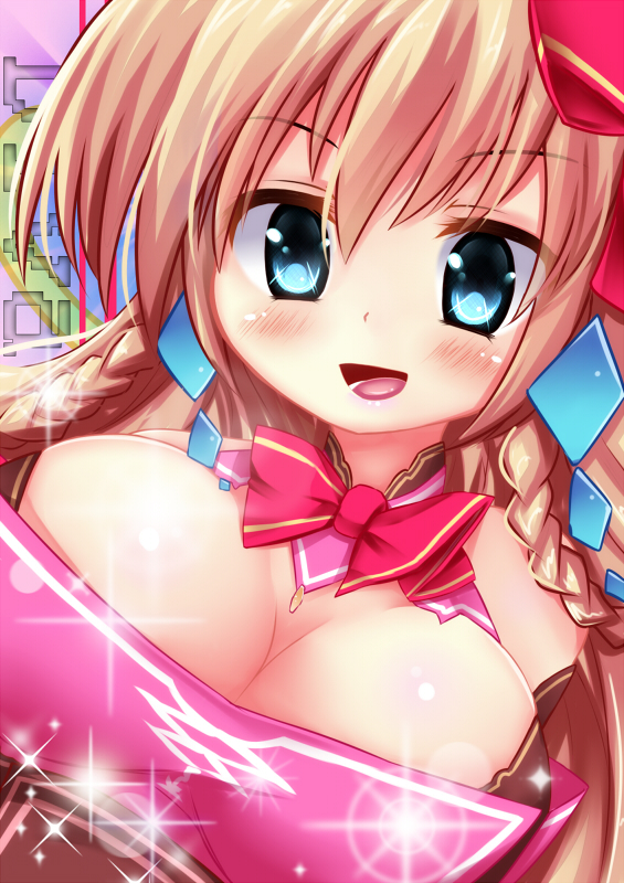 utahime arthur, kai-ri-sei million arthur, million arthur (series), 1girl, bare shoulders, blonde hair, blue eyes, braid, breasts, brown corset, cleavage, corset, dress, earrings, hair ribbon, jewelry, large breasts, long hair, madomado4869, neck ribbon, open mouth, pink dress, pink ribbon, ribbon, solo, twin braids, upper body