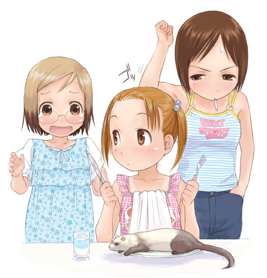 naruko hanaharu, itou nobue, john, matsuoka miu, sakuragi matsuri, ichigo mashimaro, 3girls, animal, bare arms, bare shoulders, brown eyes, brown hair, camisole, cigarette, denim, ferret, fork, glasses, jeans, knife, multiple girls, napkin, pants, plate, sleeveless, sweatdrop