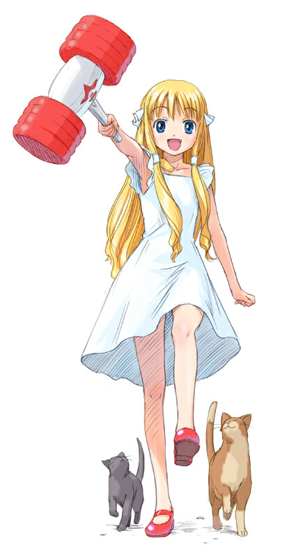 naruko hanaharu, selen angenieux, original, rocket no natsu, 1girl, animal, blonde hair, blue eyes, cat, female focus, hair tubes, long hair, mallet, skirt, solo, toy hammer, white skirt