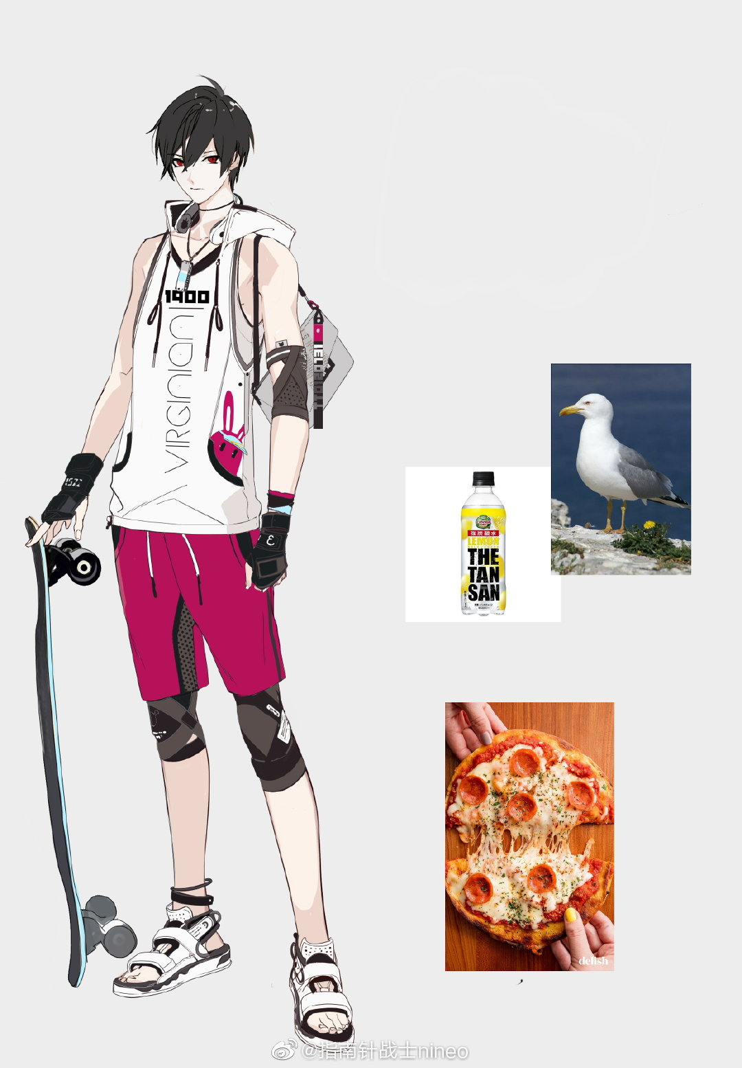 nineo, ayn alwyn, lovebrush chronicles, chinese commentary, highres, official art, 1boy, alternate costume, animal print, anklet, arms at sides, bag, bare shoulders, bird, black choker, black gloves, black hair, black leggings, choker, closed mouth, elbow pads, fingerless gloves, food, gloves, grey background, hair between eyes, hand guard, headphones, headphones around neck, holding, holding skateboard, hood, hood down, hoodie, jewelry, knee pads, leggings, looking at viewer, male focus, pendant, photo inset, pink shorts, pizza, print shirt, rabbit print, red eyes, sandals, seagull, shirt, short hair, shorts, shoulder bag, simple background, skateboard, sleeveless, sleeveless hoodie, soda bottle, solo, standing, watermark, weibo watermark, white hoodie, white sandals