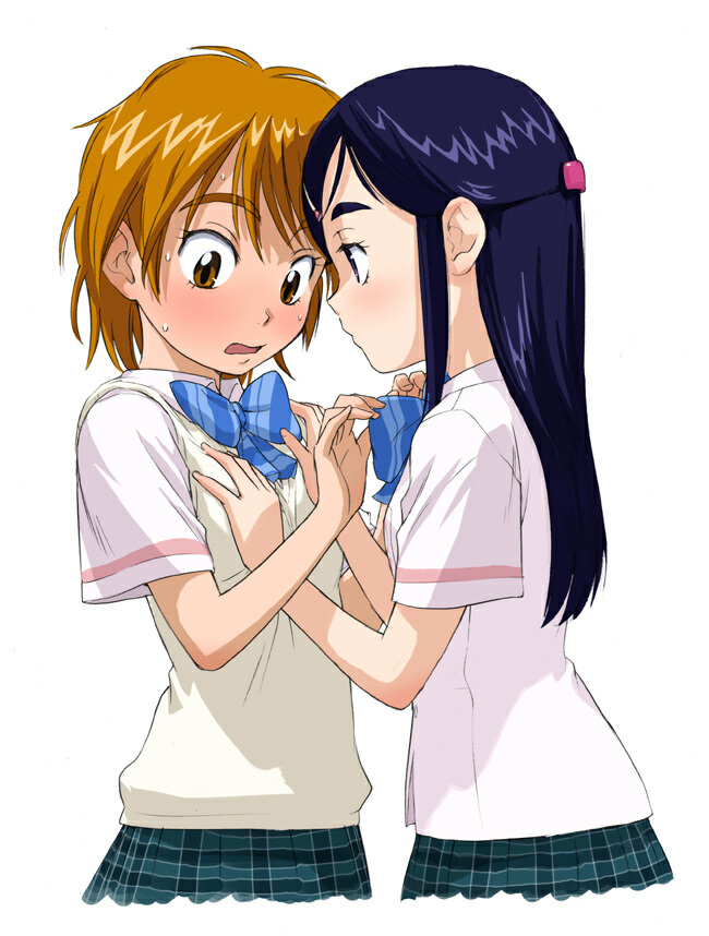 naruko hanaharu, misumi nagisa, yukishiro honoka, futari wa precure, precure, striped neckwear, 00s, 2girls, blue bow, blush, bow, bowtie, breasts, brown eyes, brown hair, grabbing another's breast, groping, hair ornament, hairclip, hands on another's chest, long hair, medium breasts, multiple girls, nervous, plaid clothes, plaid skirt, pleated skirt, purple eyes, purple hair, school uniform, serafuku, short hair, simple background, skirt, striped bow, striped bowtie, striped clothes, verone gakuin school uniform, white background, yuri