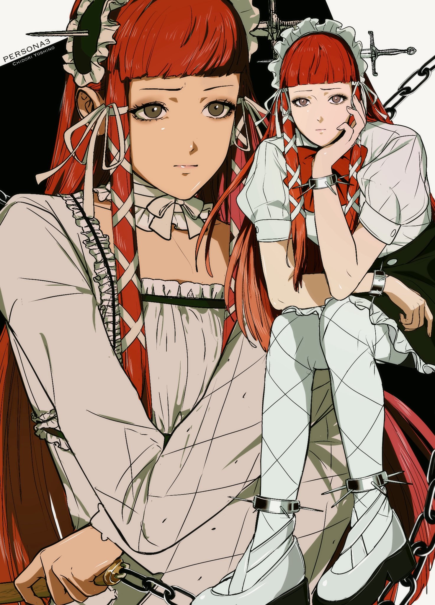 amikoiiko, yoshino chidori, persona, persona 3, highres, 1girl, alternate costume, black skirt, chain, closed mouth, dress, grey eyes, hair ornament, head rest, long hair, long sidelocks, looking at viewer, pantyhose, puffy short sleeves, puffy sleeves, red hair, shoes, short sleeves, sidelocks, sitting, skirt, solo, white dress, white pantyhose, white shoes, x hair ornament