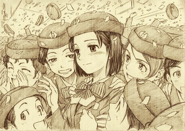 naruko hanaharu, original, uniform, 6+girls, airline, flight attendant, hug, hug from behind, monochrome, multiple girls, parade, shoulder grab, travel attendant, yellow theme