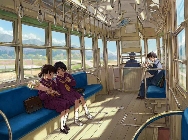 naruko hanaharu, original, vehicle, 2girls, bag, book, bouquet, brown hair, electric fan, flower, holding, holding bouquet, long sleeves, multiple girls, open book, pleated skirt, reading, school bag, school uniform, serafuku, short hair, sitting, skirt, slice of life, socks, sunlight, train, train interior, vanishing point, vehicle interior, window, wooden floor