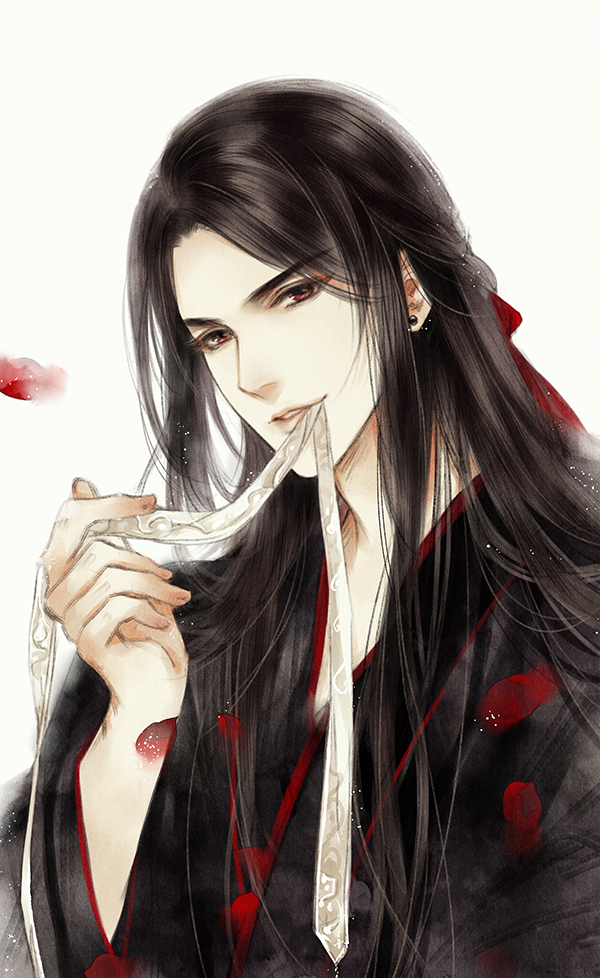wei wuxian, wei wuxian (yiling laozu), modao zushi, chinese commentary, 1boy, bishounen, black hair, black hanfu, chinese clothes, earrings, falling petals, faux traditional media, hair down, hair ribbon, half updo, hanfu, holding, holding ribbon, implied yaoi, jewelry, light particles, liyueru8908, long hair, looking at viewer, male focus, mouth hold, official alternate hairstyle, parted lips, petals, red eyes, red petals, red ribbon, ribbon, ribbon in mouth, robe, sidelocks, simple background, smile, solo, upper body, white background, white ribbon, wide sleeves