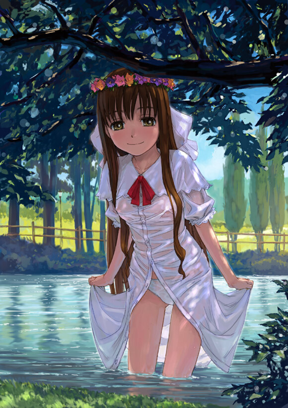 naruko hanaharu, original, 1girl, brown hair, clothes lift, crown, day, dress, dress lift, female focus, head wreath, loli, long hair, looking at viewer, nature, outdoors, panties, see-through clothes, skirt hold, smile, solo, tree, tree shade, underwear, wading, water, wet, wet clothes, white panties, yellow eyes