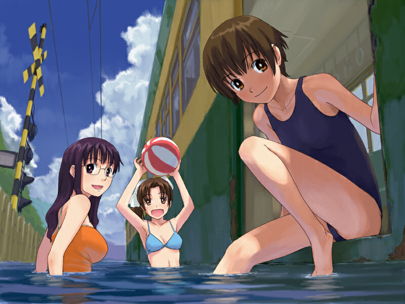 naruko hanaharu, original, 3girls, armpits, arms up, ball, beachball, bikini, black hair, breasts, brown eyes, brown hair, carrying overhead, casual one-piece swimsuit, cloud, day, female focus, flood, glasses, holding, holding ball, holding beachball, multiple girls, one-piece swimsuit, outdoors, ponytail, power lines, purple eyes, purple hair, railroad crossing, school swimsuit, sky, string bikini, swimsuit, water