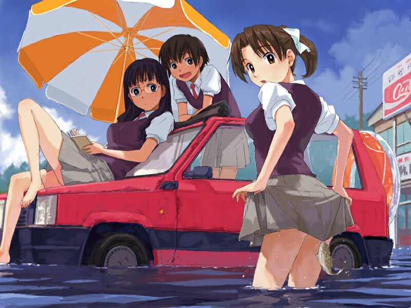 naruko hanaharu, original, vehicle, 3girls, barefoot, car, feet in water, fiat panda, fish, glasses, motor vehicle, multiple girls, parasol, pleated skirt, school uniform, serafuku, skirt, skirt lift, soaking feet, sweater, sweater vest, umbrella, vest, water