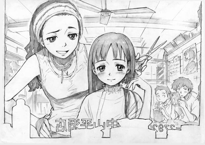 naruko hanaharu, original, 2boys, 2girls, beads, blush, bob cut, breasts, chips (food), cleavage, cutting another's hair, cutting hair, earrings, eating, food, greyscale, hair salon, hairdressing, hand on own hip, indoors, jewelry, long hair, looking at viewer, mirror, monochrome, multiple boys, multiple girls, scissors, severed hair, short hair, sitting, small breasts, smile, tank top, very long hair, waiting