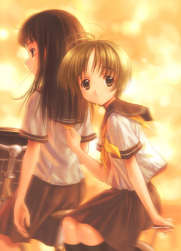 goto p, original, 2girls, bicycle, brown eyes, brown hair, multiple girls, multiple riders, pillion, pleated skirt, riding, school uniform, serafuku, sidesaddle, skirt
