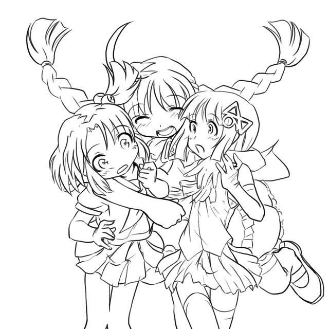 ugai yuichi, 98-tan, me-tan, os-tan, 3girls, blush, braid, closed eyes, greyscale, group hug, hair ornament, hug, lineart, long hair, mary janes, monochrome, multiple girls, open mouth, shoes, short hair, simple background, skirt, thigh gap, thighhighs, twin braids, white background, zettai ryouiki