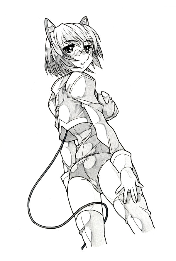 2k-tan, os-tan, 1girl, female focus, from behind, from below, glasses, greyscale, long sleeves, looking back, monochrome, pince-nez, short hair, solo, thighhighs