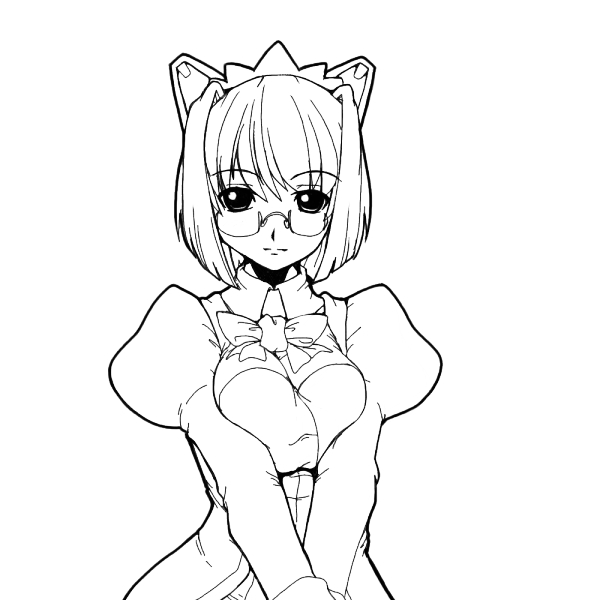 2k-tan, os-tan, 1girl, bow, bowtie, breasts, breasts squeezed together, female focus, glasses, greyscale, long sleeves, looking at viewer, medium breasts, monochrome, short hair, simple background, solo, white background