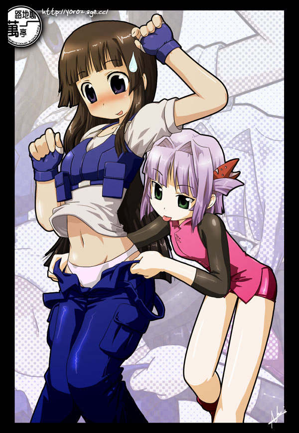 nagian, kousaka rui, tsuzaki aoba, jinki, 00s, 2girls, :p, age difference, assertive female, assisted exposure, black hair, blue eyes, blue gloves, blush, brown hair, cargo pants, clothes pull, fingerless gloves, gloves, green eyes, hair intakes, height difference, hime cut, loli, long hair, midriff, multiple girls, navel, onee-loli, panties, pants, pants pull, pantsing, pink panties, pulling another's clothes, purple hair, shirt, short hair, short twintails, signature, standing, sweatdrop, tongue, tongue out, twintails, underwear, undressing, white panties, yuri, zoom layer