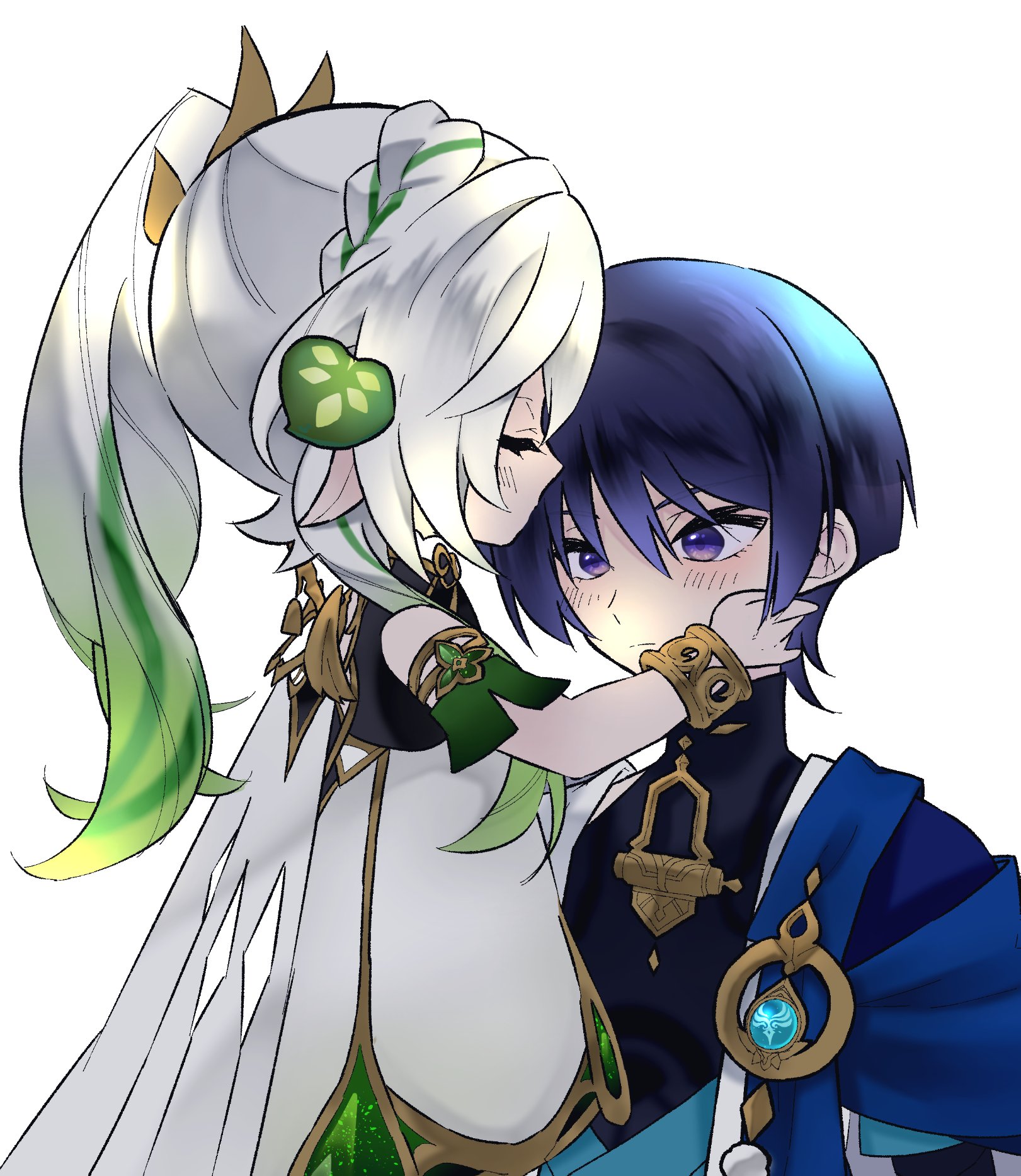 nahida (genshin impact), scaramouche (genshin impact), wanderer (genshin impact), genshin impact, highres, 1boy, 1girl, anemo symbol (genshin impact), armlet, artistic error, bell, black bodysuit, black hair, blue cape, blue gemstone, blue kimono, blunt ends, blush, bodysuit, bracelet, braid, canca37g, cape, closed eyes, closed mouth, couple, crown braid, detached sleeves, dress, ears down, eyelashes, facing another, gem, gold, gold trim, green hair, green sleeves, guided kiss, hair ornament, hand on another's cheek, hand on another's face, hetero, imminent kiss, japanese clothes, jewelry, juban, kimono, leaf, leaf hair ornament, long hair, looking at another, multicolored hair, open clothes, open kimono, pointy ears, pom pom (clothes), purple eyes, shoulder peek, side ponytail, sidelocks, split mouth, streaked hair, vision (genshin impact), white background, white cape, white dress, white hair, white kimono, wispy bangs