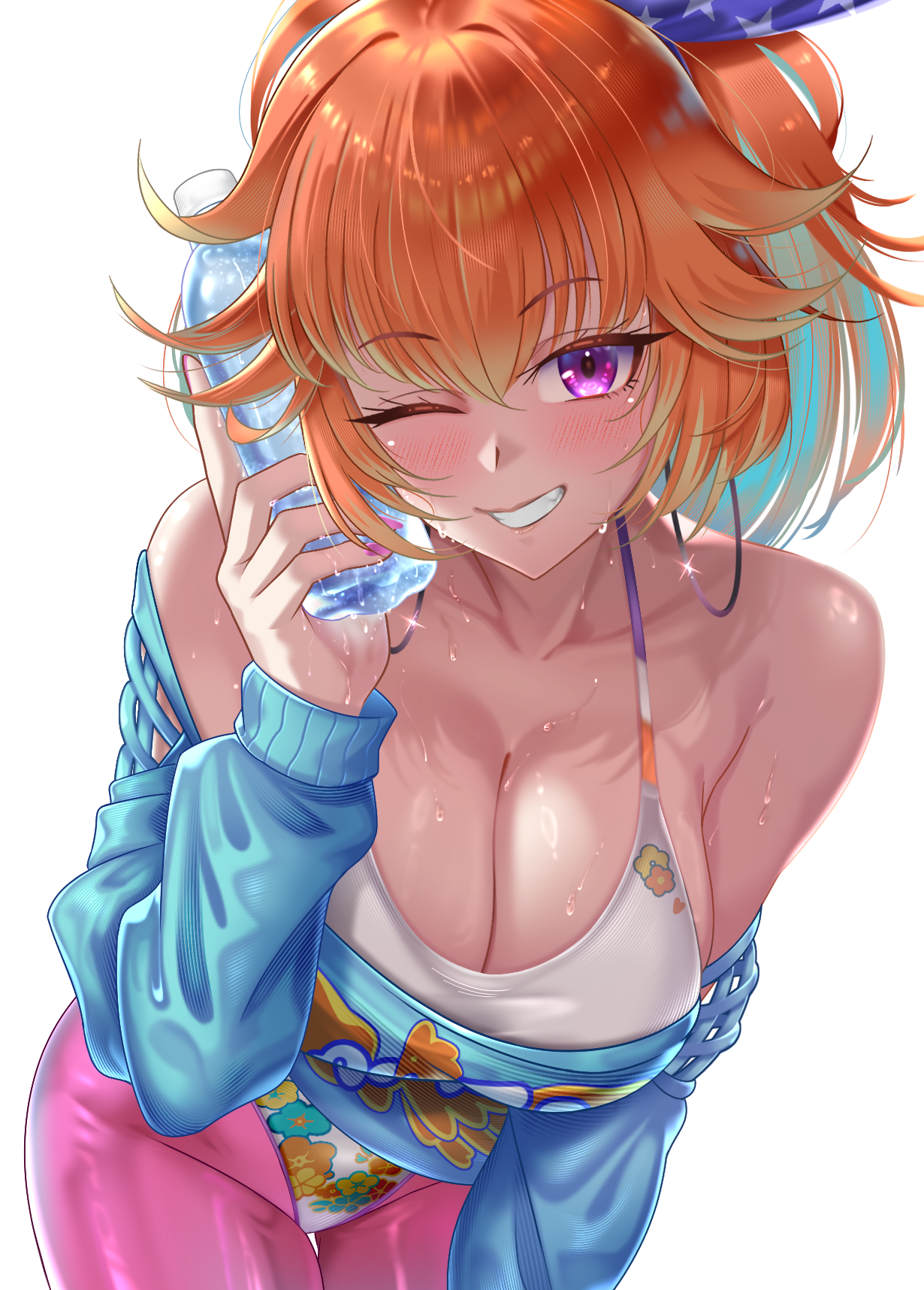 takanashi kiara, takanashi kiara (fever night), hololive, hololive english, highres, 1girl, ;d, aqua eyes, aqua sweater, blush, bottle, breasts, cleavage, colored inner hair, gradient hair, grin, hand up, highleg, highleg leotard, holding, holding bottle, large breasts, leaning forward, leggings, leotard, liyan1112, looking at viewer, medium hair, multicolored hair, off-shoulder sweater, off shoulder, official alternate costume, official alternate hairstyle, one eye closed, open mouth, orange hair, pink leggings, purple eyes, simple background, smile, solo, sweat, sweater, virtual youtuber, white background, white leotard