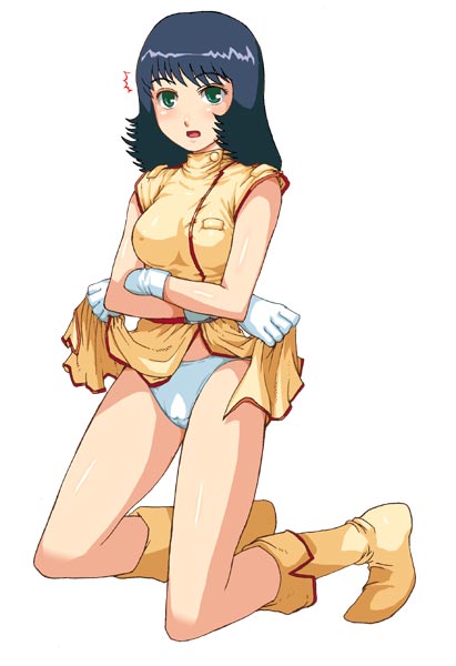 fa yuiry, gundam, sunrise (company), zeta gundam, uniform, 1girl, blue hair, boots, clothes lift, crossed arms, female focus, gloves, green eyes, kneeling, lifting own clothes, panties, pantyshot, skirt, skirt lift, solo, underwear, upskirt, white gloves, white panties, yellow boots