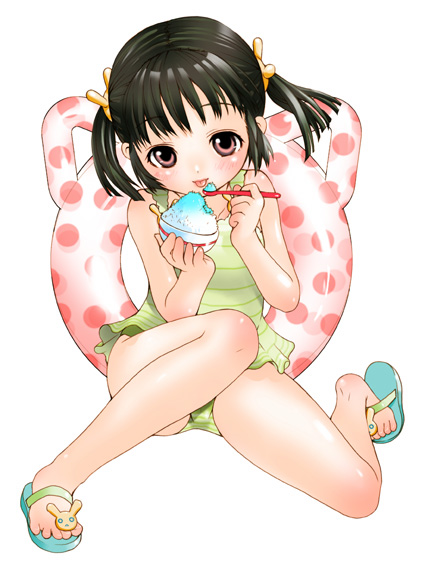 inuburo, original, copyright request, 1girl, bare arms, bare shoulders, black hair, bowl, casual one-piece swimsuit, child, eating, feet, female focus, food, full body, holding, holding bowl, holding spoon, innertube, looking at viewer, one-piece swimsuit, pink eyes, sandals, shaved ice, short hair, short twintails, simple background, sitting, solo, spoon, striped clothes, striped one-piece swimsuit, swim ring, swimsuit, tongue, tongue out, twintails, white background