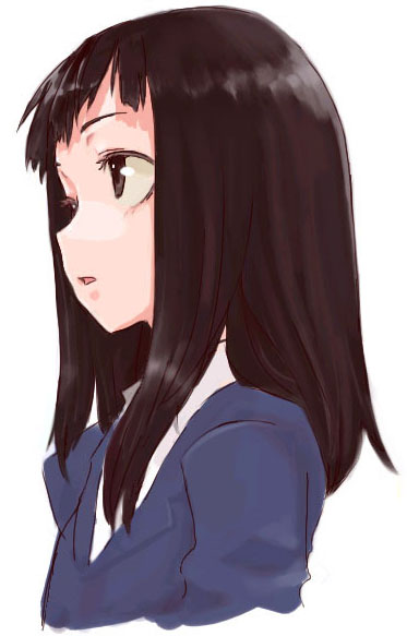 yoshida on, original, looking away, 1girl, black hair, blazer, brown eyes, brown hair, female focus, jacket, long hair, parted lips, profile, simple background, solo, upper body, white background
