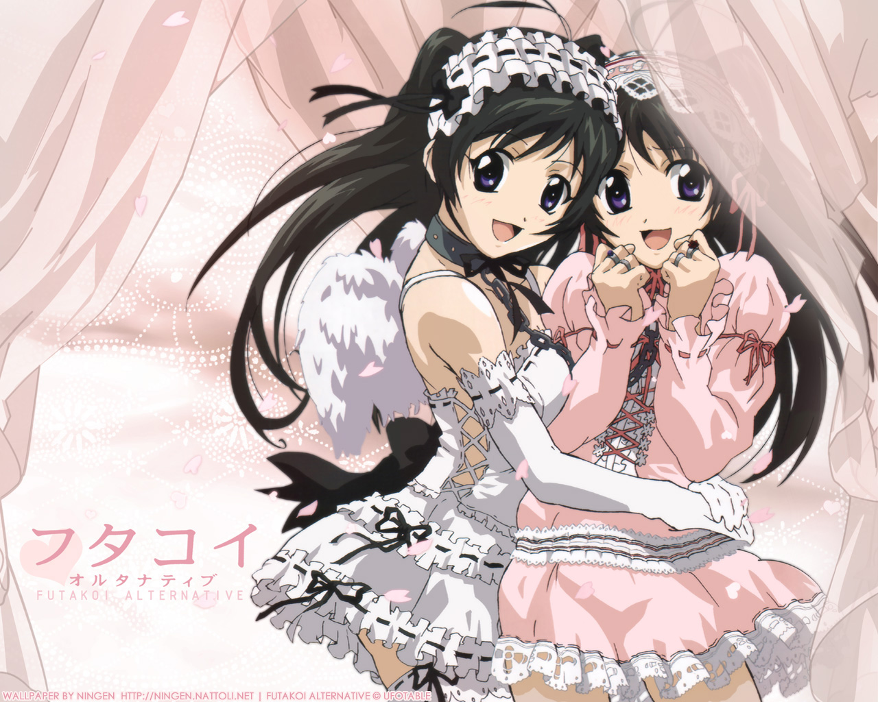 sakurazuki kira, sakurazuki yura, futakoi, 00s, 2girls, ahoge, angel wings, arms around waist, black hair, chain, choker, copyright name, cowboy shot, dress, elbow gloves, frilled dress, frills, gloves, goth fashion, gothic lolita, hairband, happy, hug, jewelry, lolita fashion, lolita hairband, long hair, long sleeves, multiple girls, off shoulder, pink dress, purple eyes, ribbon-trimmed clothes, ribbon-trimmed gloves, ribbon-trimmed hairband, ribbon-trimmed sleeves, ribbon trim, ring, siblings, sisters, thighhighs, twins, white dress, white gloves, white thighhighs, wings