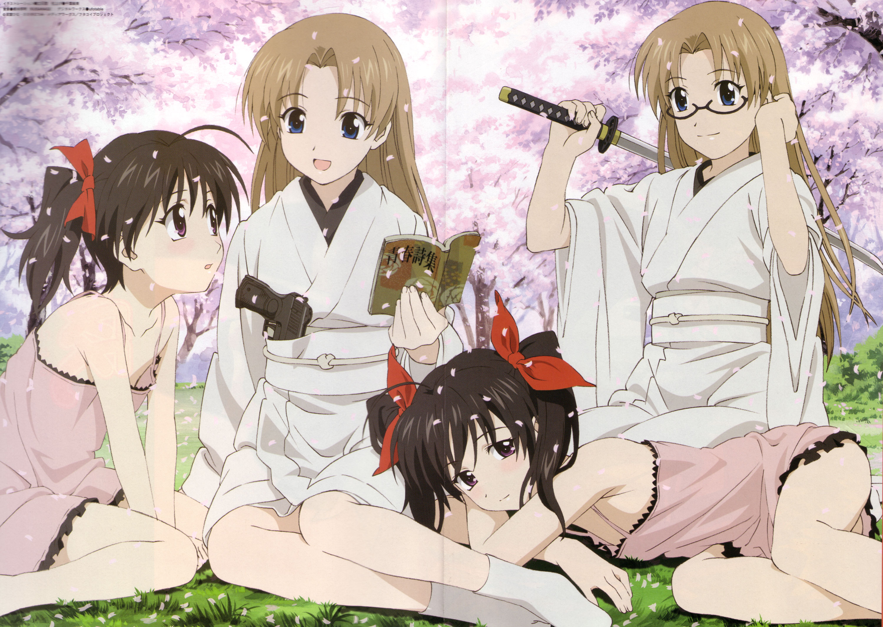 sasaki mutsumi, shiwasu takashi, hinagiku lala, hinagiku lulu, momoi ai, momoi mai, futakoi, highres, 00s, 4girls, black hair, blonde hair, blue eyes, blush, book, bow, dress, flat chest, glasses, gun, hair bow, handgun, happy, japanese clothes, katana, lying, multiple girls, on side, outdoors, petals, pistol, purple eyes, short dress, siblings, sisters, sitting, smile, sword, twins, twintails, wariza, weapon, yokozuwari