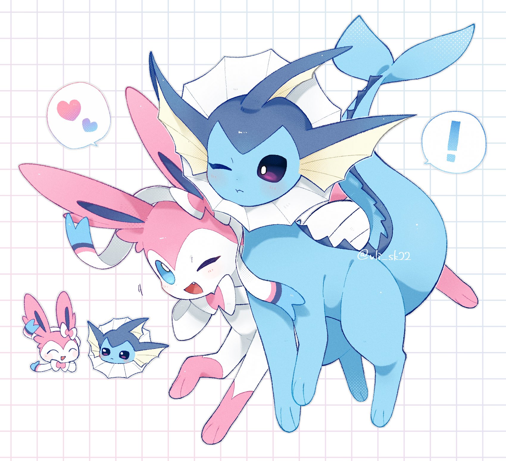 vli sk22, sylveon, vaporeon, nintendo, pokemon, commentary request, highres, !, blue eyes, blush, fangs, gen 1 pokemon, gen 6 pokemon, heart, no humans, pokemon (creature), purple eyes, smile, twitter username