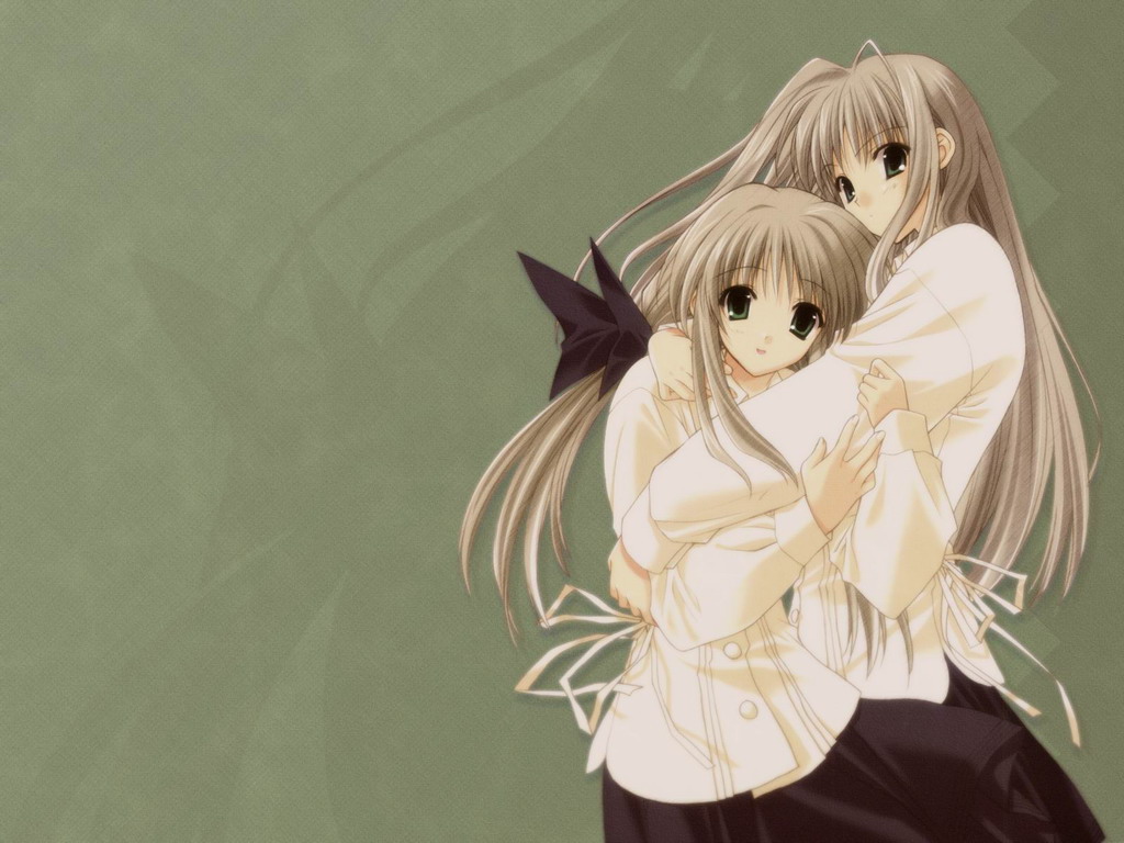 suzuhira hiro, shirogane sara, shirogane souju, futakoi, silver hair, 00s, 2girls, arm hug, green eyes, hug, long hair, long sleeves, multiple girls, ponytail, siblings, simple background, sisters, smile, twins
