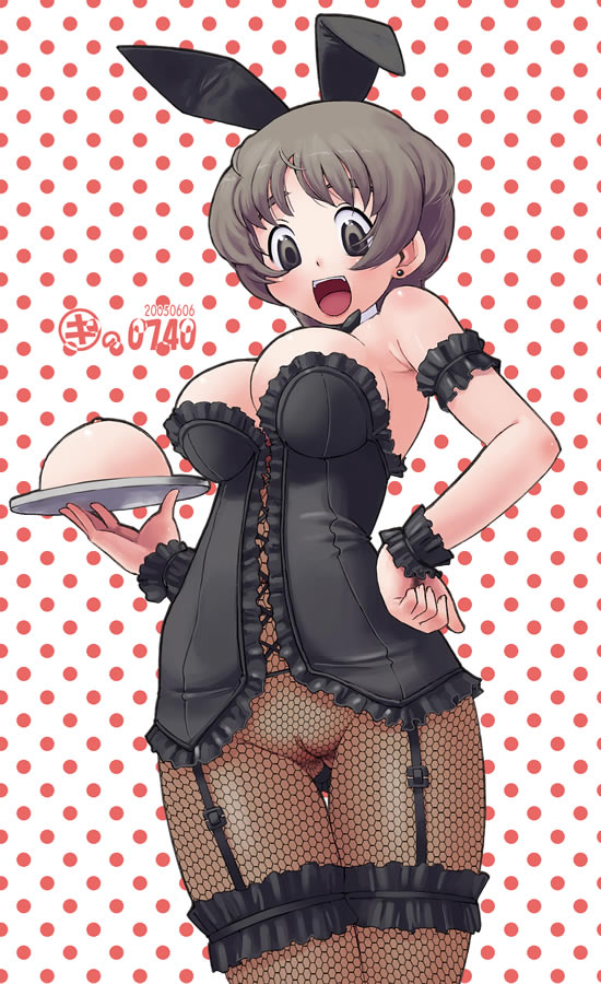 kei jiei, original, 1girl, :d, animal ears, black pantyhose, breasts, cleavage, cleft of venus, earrings, fake animal ears, female focus, fishnet pantyhose, fishnets, from below, grey eyes, grey hair, holding, holding tray, jewelry, leotard, lingerie, looking at viewer, looking down, medium breasts, no panties, open mouth, pantyhose, playboy bunny, polka dot, polka dot background, pussy, rabbit ears, see-through clothes, smile, solo, strapless, strapless leotard, thighs, tray, uncensored, underwear