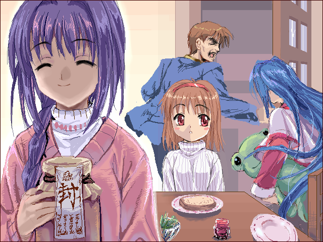 mutsuki (moonknives), yuuichi (reductionblack), aizawa yuuichi, keropi, keropii, minase akiko, minase nayuki, tsukimiya ayu, kanon, key (company), 1boy, 3girls, ^ ^, akiko jam, blue hair, blush stickers, braid, bread, brown hair, cardigan, closed eyes, food, hair intakes, hairband, jam, long hair, long sleeves, mother and daughter, multiple girls, oekaki, purple hair, red eyes, school uniform, serafuku, short hair, single braid, sweater, turtleneck, v-neck, very long hair